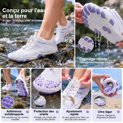 Chaussures d'eau unisexe type « pieds nus » | Système d'auto-sauvetage gonflable | Traite le pied d'athlète | Voûte plantaire en mousse à mémoire de forme | Imperméables, respirantes et anti-sable | Chaussures aquatiques ultra-légères à séchage rapide