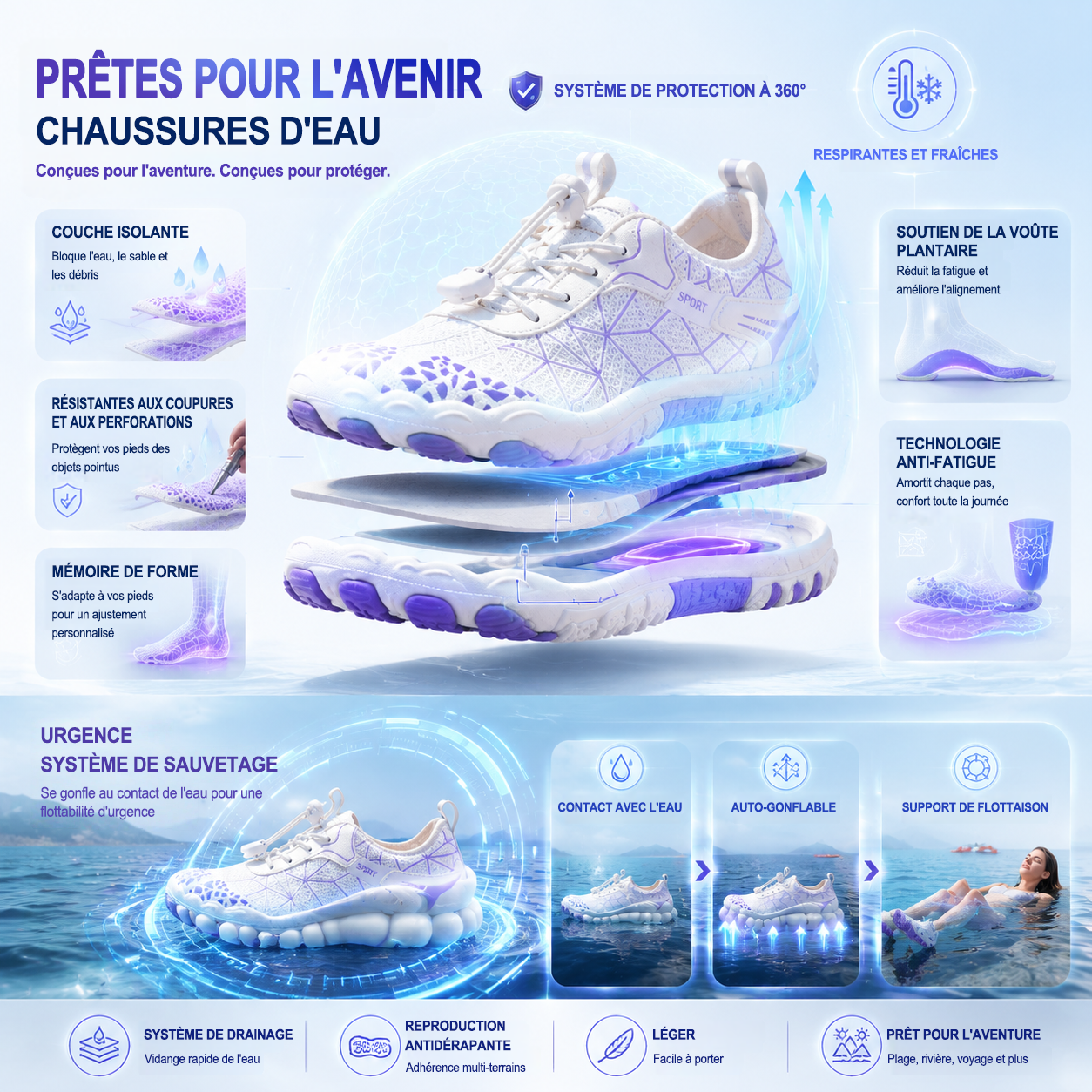Chaussures d'eau unisexe type « pieds nus » | Système d'auto-sauvetage gonflable | Traite le pied d'athlète | Voûte plantaire en mousse à mémoire de forme | Imperméables, respirantes et anti-sable | Chaussures aquatiques ultra-légères à séchage rapide