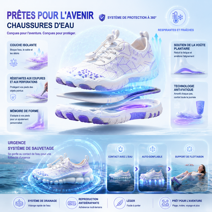 Chaussures d'eau unisexe type « pieds nus » | Système d'auto-sauvetage gonflable | Traite le pied d'athlète | Voûte plantaire en mousse à mémoire de forme | Imperméables, respirantes et anti-sable | Chaussures aquatiques ultra-légères à séchage rapide