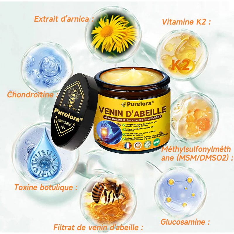 Boutique officielle en France 🇫🇷 Purelora® Bee Venom Pain Relief Joint Repair Cream 🐝🐝 (Soulagement rapide de la douleur · Réduction de l’inflammation · Soutien des articulations et des os)