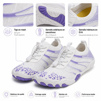 Chaussures d'eau unisexe type « pieds nus » | Système d'auto-sauvetage gonflable | Traite le pied d'athlète | Voûte plantaire en mousse à mémoire de forme | Imperméables, respirantes et anti-sable | Chaussures aquatiques ultra-légères à séchage rapide