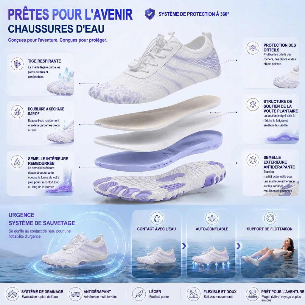 Chaussures d'eau unisexe type « pieds nus » | Système d'auto-sauvetage gonflable | Traite le pied d'athlète | Voûte plantaire en mousse à mémoire de forme | Imperméables, respirantes et anti-sable | Chaussures aquatiques ultra-légères à séchage rapide