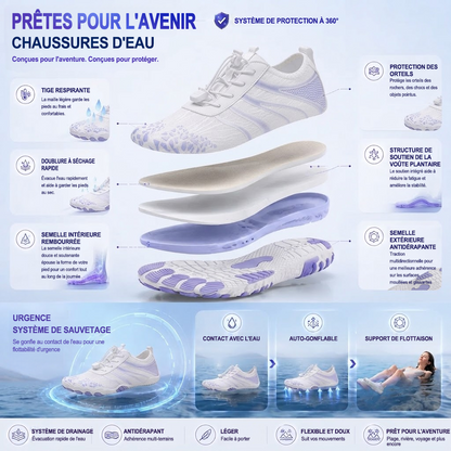 Chaussures d'eau unisexe type « pieds nus » | Système d'auto-sauvetage gonflable | Traite le pied d'athlète | Voûte plantaire en mousse à mémoire de forme | Imperméables, respirantes et anti-sable | Chaussures aquatiques ultra-légères à séchage rapide