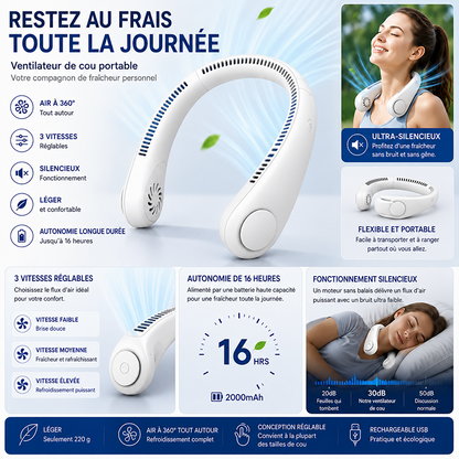 💨Ventilateur tour de cou sans pales – Ventilateur personnel rechargeable mains libres avec 3 modes de vitesse.