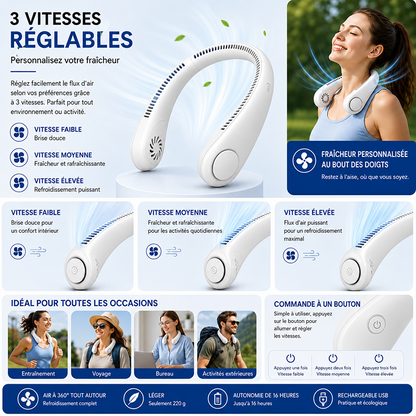 💨Ventilateur tour de cou sans pales – Ventilateur personnel rechargeable mains libres avec 3 modes de vitesse.