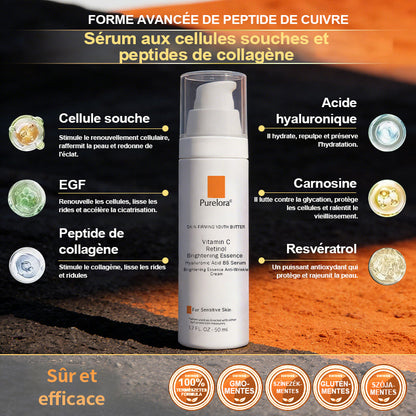 Crème Essence Revitalisante Purelora® à l’Extrait de Cellules Souches, EGF et Peptides de Cuivre (active en profondeur le processus naturel de régénération de la peau, pour une peau visiblement plus ferme et plus lisse)