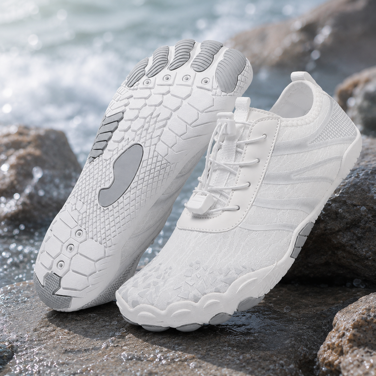 Chaussures d'eau unisexe type « pieds nus » | Système d'auto-sauvetage gonflable | Traite le pied d'athlète | Voûte plantaire en mousse à mémoire de forme | Imperméables, respirantes et anti-sable | Chaussures aquatiques ultra-légères à séchage rapide