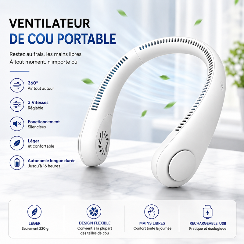 💨Ventilateur tour de cou sans pales – Ventilateur personnel rechargeable mains libres avec 3 modes de vitesse.