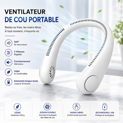 💨Ventilateur tour de cou sans pales – Ventilateur personnel rechargeable mains libres avec 3 modes de vitesse.