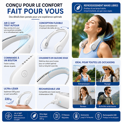 💨Ventilateur tour de cou sans pales – Ventilateur personnel rechargeable mains libres avec 3 modes de vitesse.